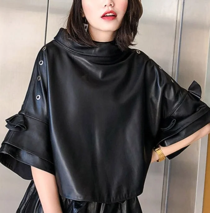 PulloveroversizedGenuine Leather Batwing Short Sleeve Crop Oversized Pullover