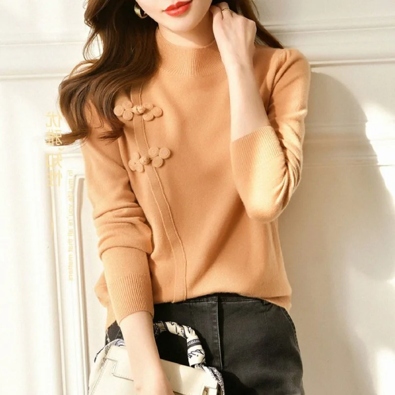 PulloverwideHalf Turtleneck Button-up Knit Sweater Casual Loose-fit Cashmere Pullover