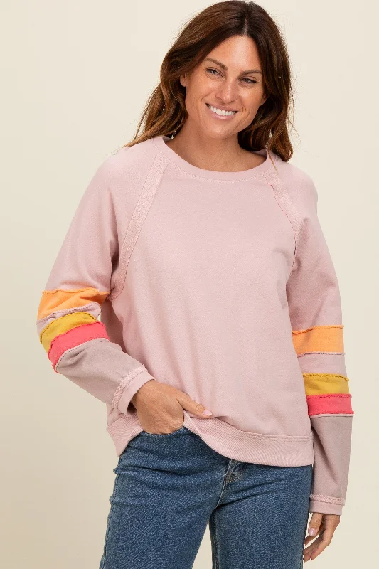 PulloverslimLight Pink Colorblock Sleeve Pullover