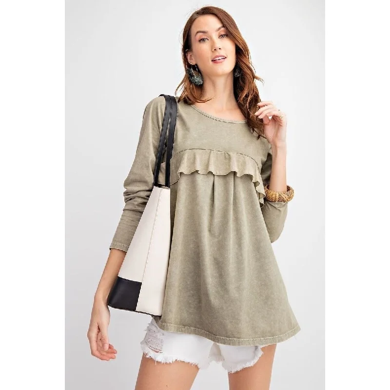 Long Sleeve Ruffled Detailing Oil Washed Knit TunicTunicTopHydra