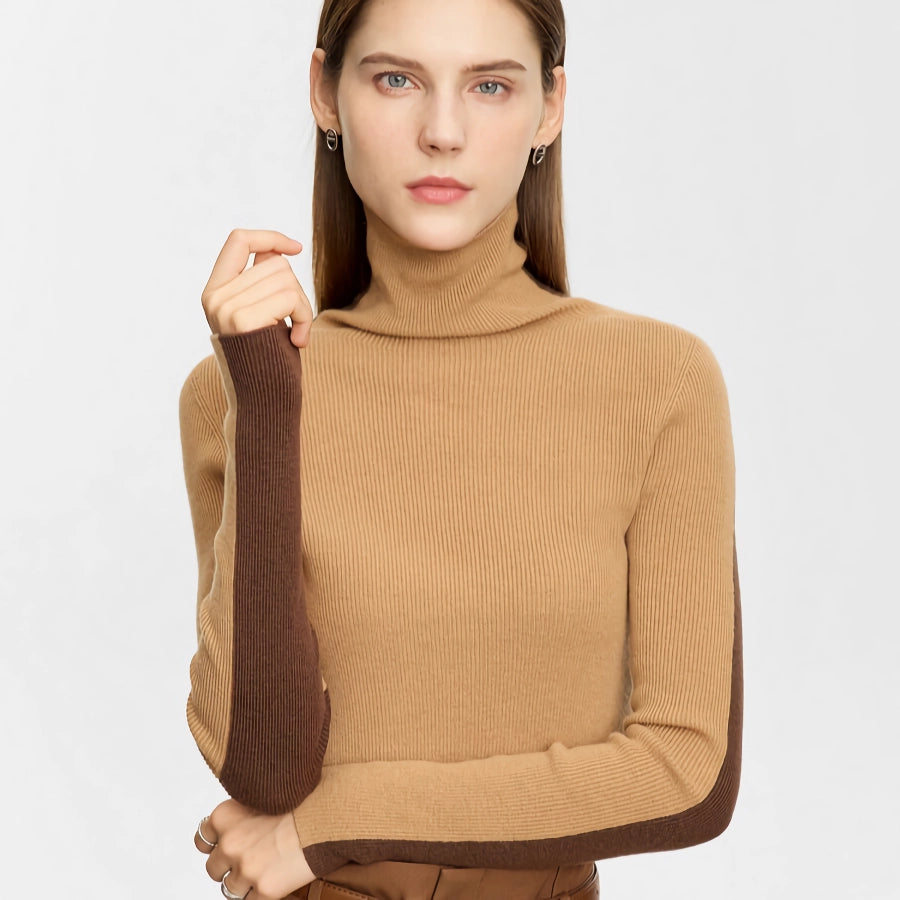 PullovervneckMinimalist Color Contrast Turtleneck Sweater for Women - Autumn Slim Fit Knitted Pullover