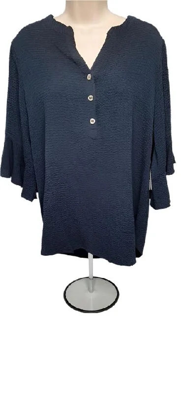 PullovertravelWomens Pullover Top - v neck - soft navy Fabric - 3/4 sleeve -small