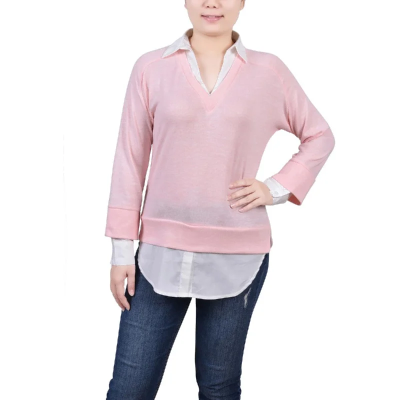 PulloverfitPetites Womens Layered Long Sleeve Pullover Top