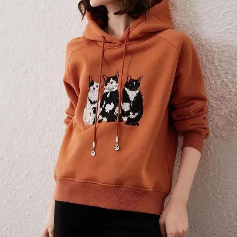 PulloverhoodPlush Cat Embroidery Hooded Pullover Top