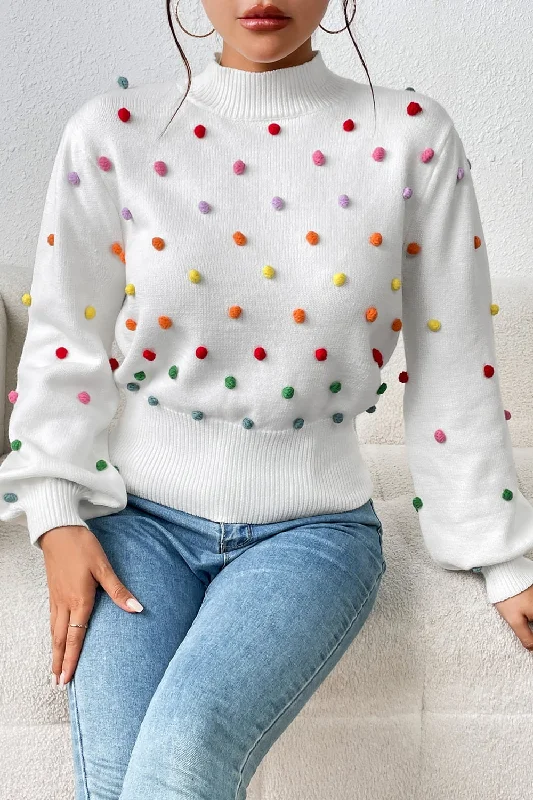 PullovercozyPom-Pom Trim Mock Neck Long Sleeve Pullover Sweater