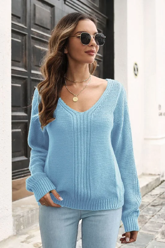 PulloveredgeRibbed Scoop Neck Long Sleeve Pullover Sweater