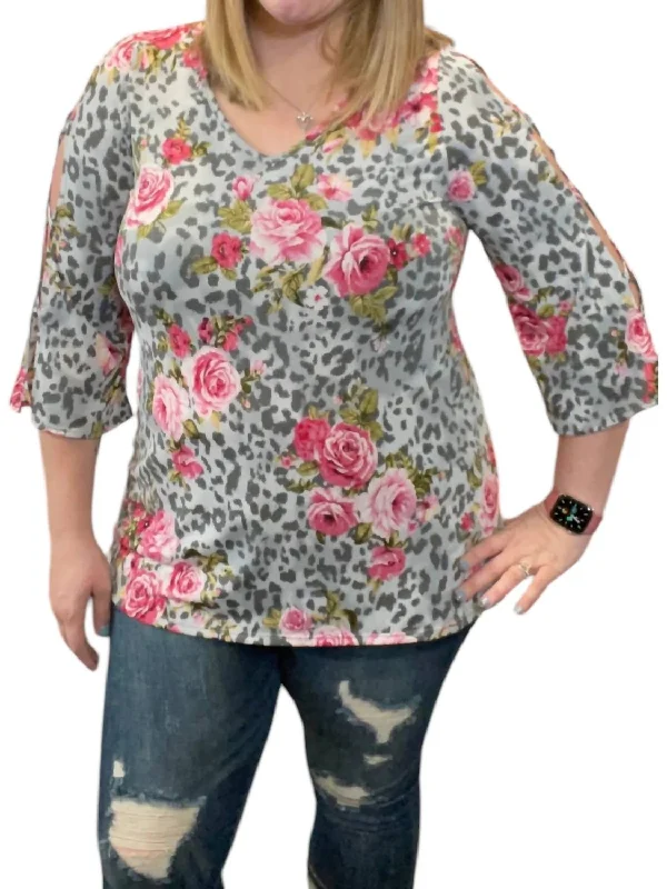 Shoulder Cutout Tunic Top In Grey FloralTunicTopSpartan