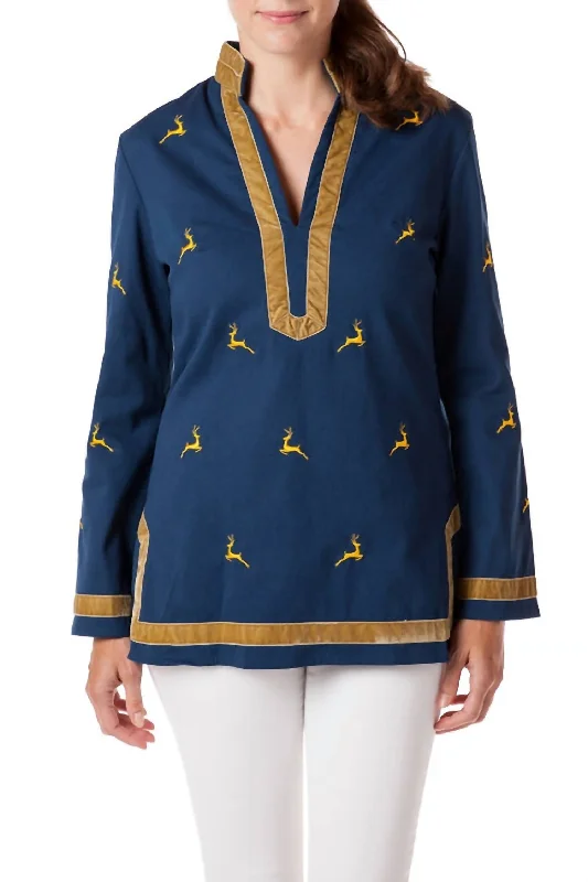 Tunic Top With Leaping Reindeer In Nantucket NavyTunicTopHive