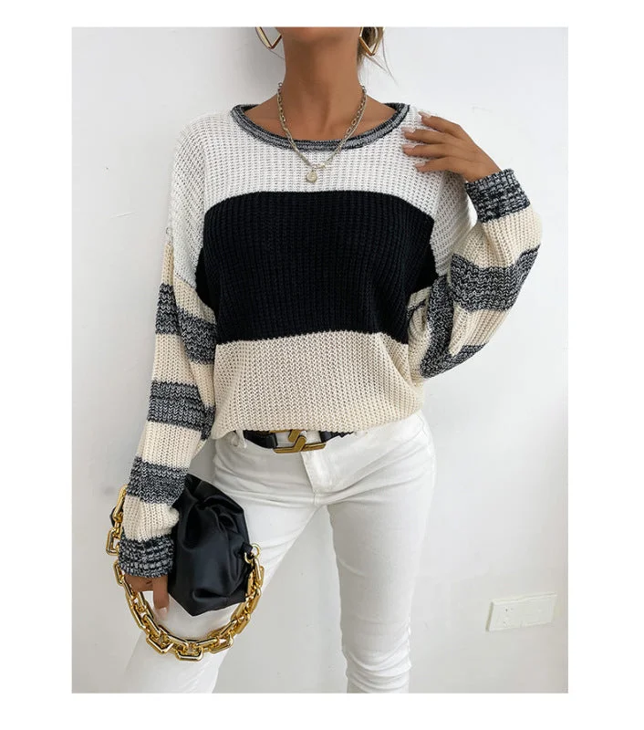 PullovermodernWomen's Thin Pullover Round Neck Black and White Contrast Sweater