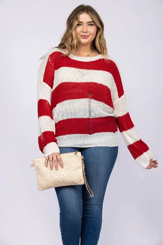 PullovertrendRED STRIPE TEARED KNIT PULLOVER PLUS SIZE SWEATER TOP-ST1114P