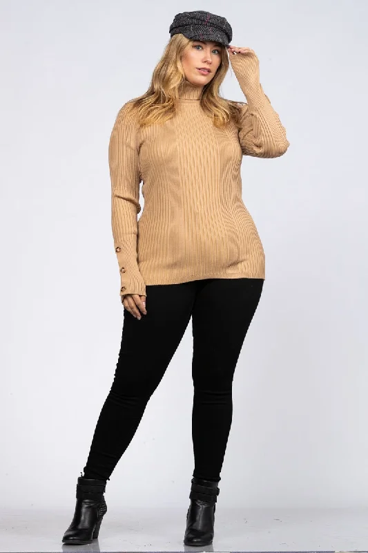 PulloverthermalCAMEL RIB STITCH PULLOVER PLUS SIZE SWEATER-MSW7855P