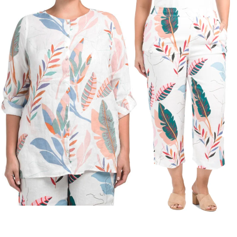 Cynthia Rowley Plus Linen Tropical Floral Print Button Front Tunic Top and Pants CollectionTunicTopTide