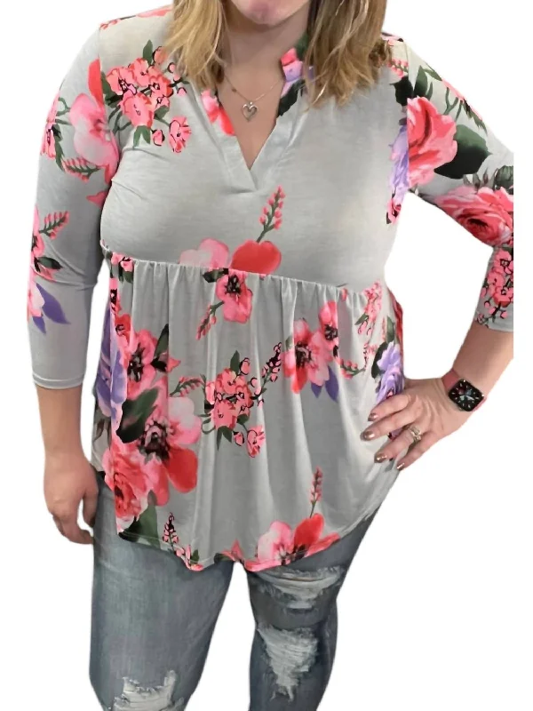 Floral Babydoll Gabby Tunic Top In Gey/purpleTunicTopSurge