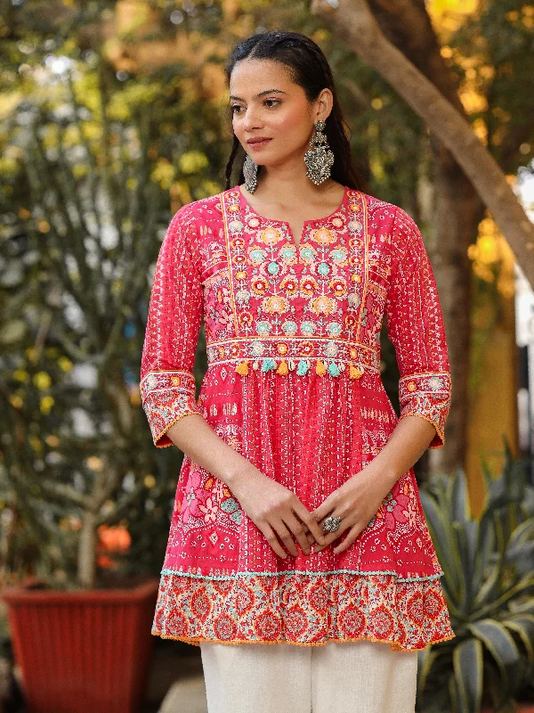 Juniper The Sujani Pink Floral Printed Pure Cotton Tunic With Thread WorkTunicTopSamurai