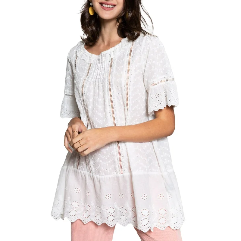 POL Boho Eyelet Embroidered Lace Ruffle Trim Blouse Tunic TopTunicTopUnicorn