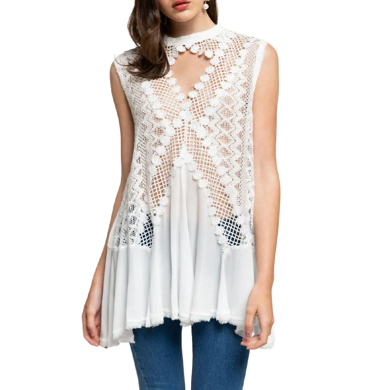 POL Women's Crochet Lace High Neck with Keyhole Flowy Blouse Tunic TopTunicTopGriffin