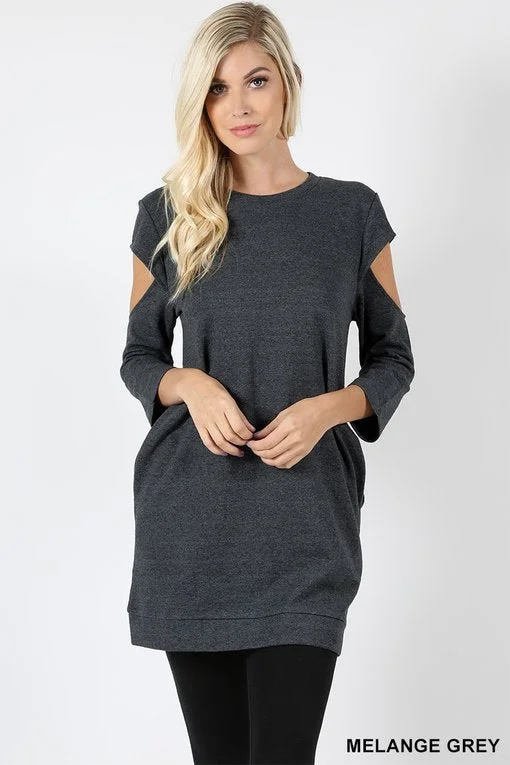 Gray Tunic Sweatshirt Cut Out 3/4 Sleeve Oversized Crew Casual SolidTunicTopPhoenix