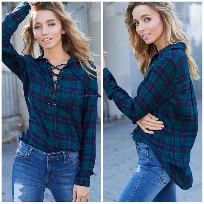 Olive Green Navy Lace Up Plaid Long Sleeve Blouse Top Tunic Hi Low WomensTunicTopSteel