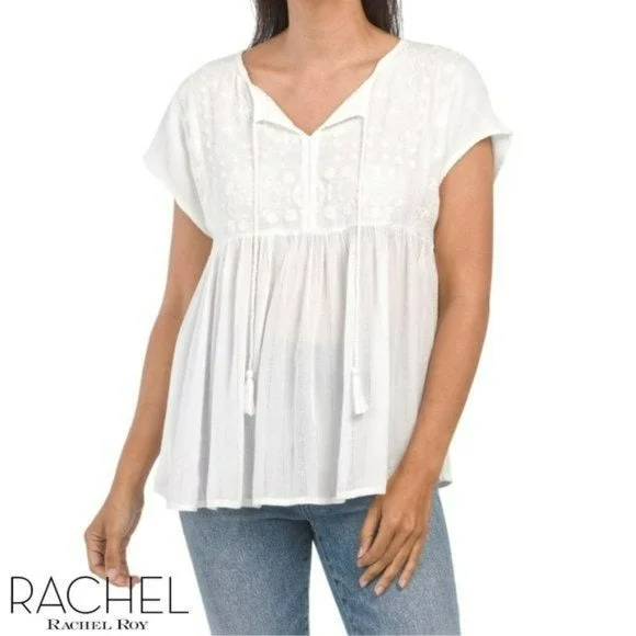 Rachel Roy Embroidered Yoke Metallic Accent Lightweight Blouse Tunic TopTunicTopRidge