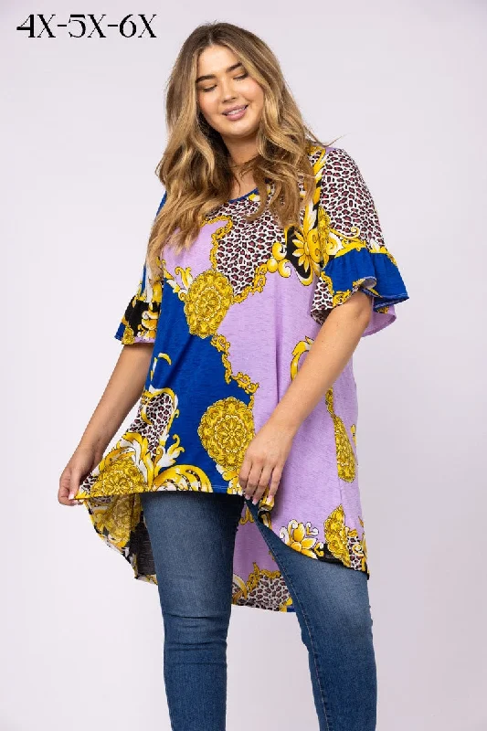 GOLD & PURPLE MULTI PRINT LONG BACK PLUS SIZE TUNIC TOP-4T1989XTunicTopDiamond