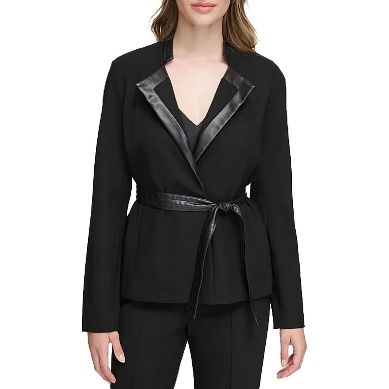 Calvin Klein Womens Knit Faux Leather Trim Open-Front BlazerBlazersuit