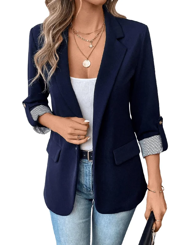 MakeMeChic Women's Roll Up Sleeve Single Button Office Blazer Lapel Neck Elegant Business Jacket Work Outerwear Blue X-LargeBlazerdefeat