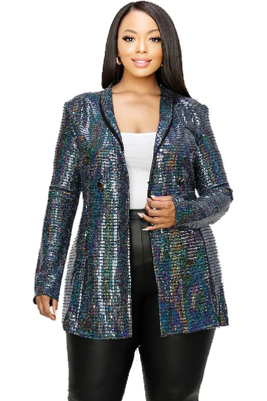 Plus Disco Metallic Sequins Double Breasted BlazerBlazerapp