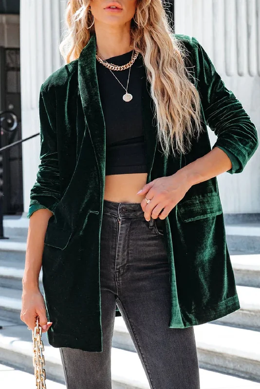 Green Lapel Collar Velvet Blazer with Flap PocketsBlazerplayoff